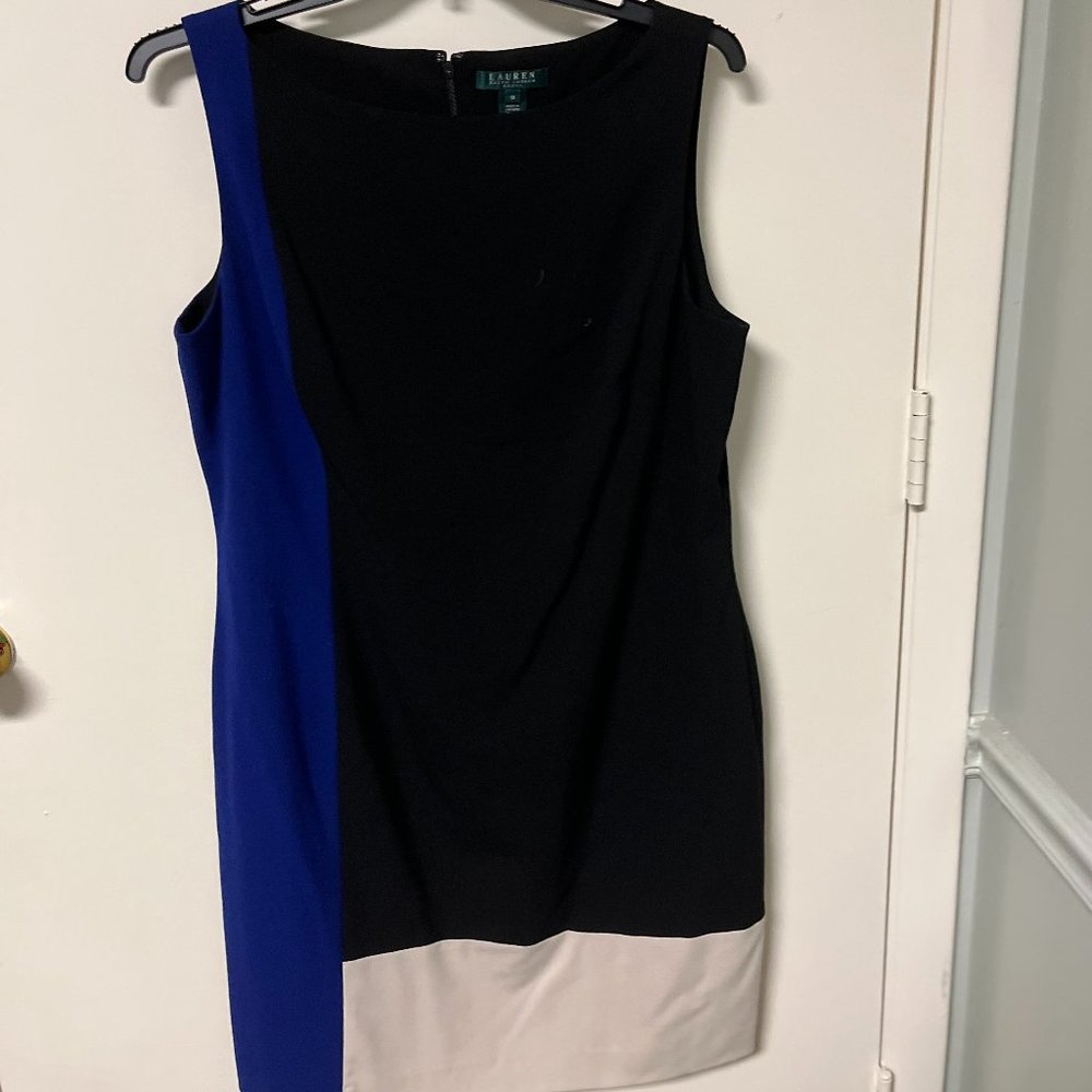 Lauren color block dress, black, blue and cream, fully lined sleeveless, size 18